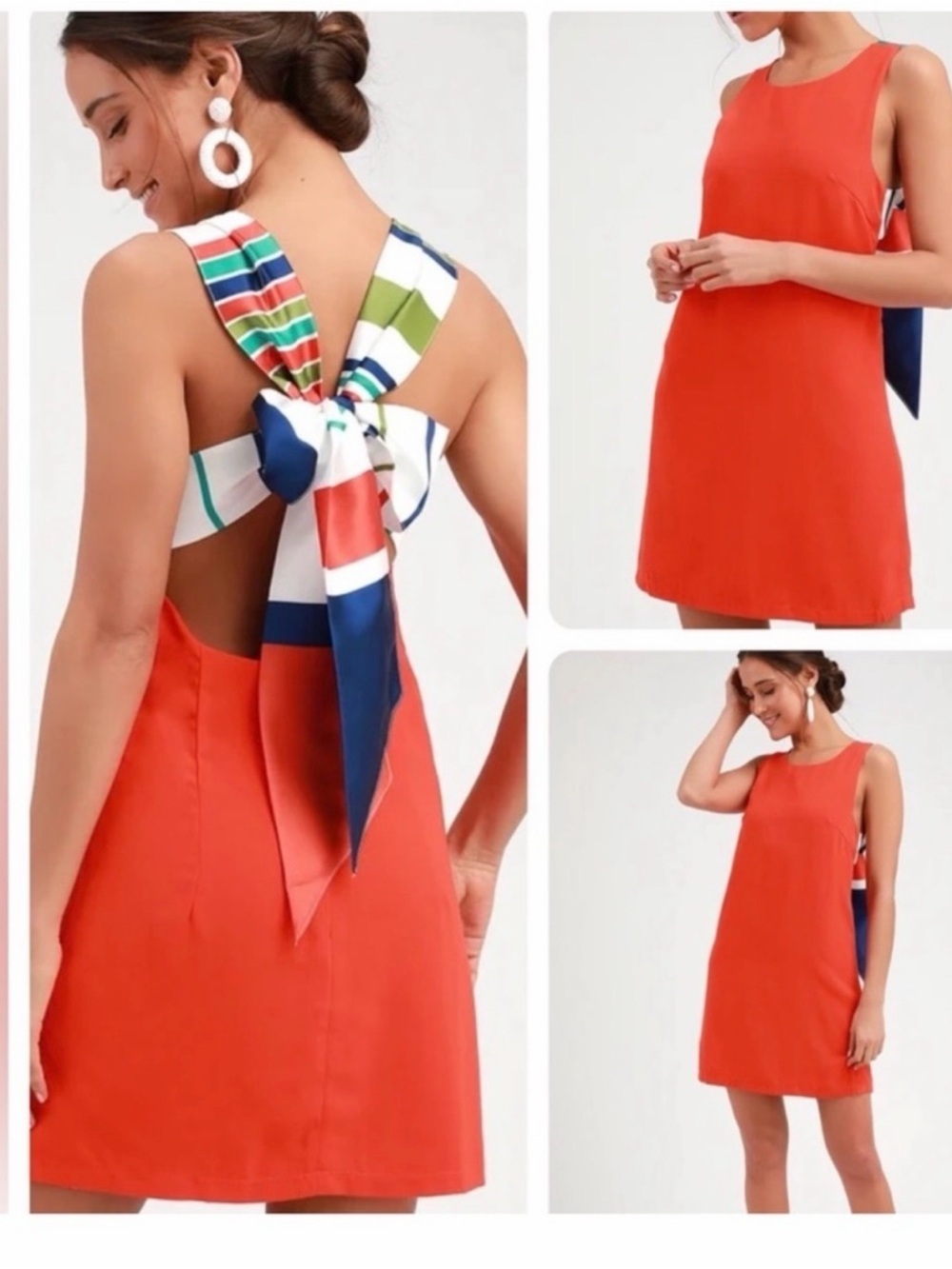 Lulu's Vibrant Orange Backless Shift Dress with Striped Bow- worn once